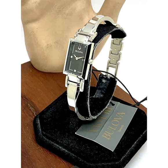 Bulova Women's Watch 96P209 Silver Tone Black Mother of Pearl Dial Diamond 18mm - Picture 2 of 10